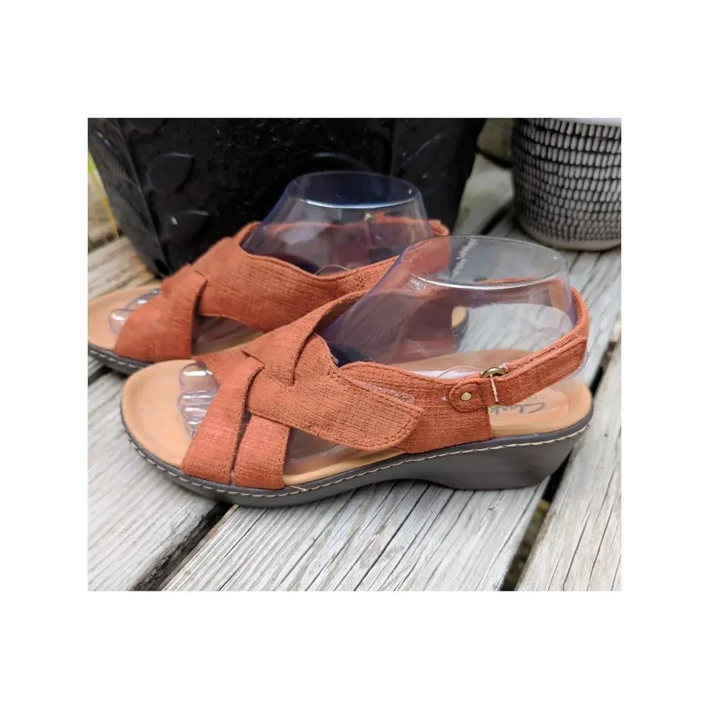 Clarks Collection Merliah Echo Sandals Brown Rust 8.5 Strappy Wedge Foam Footbed